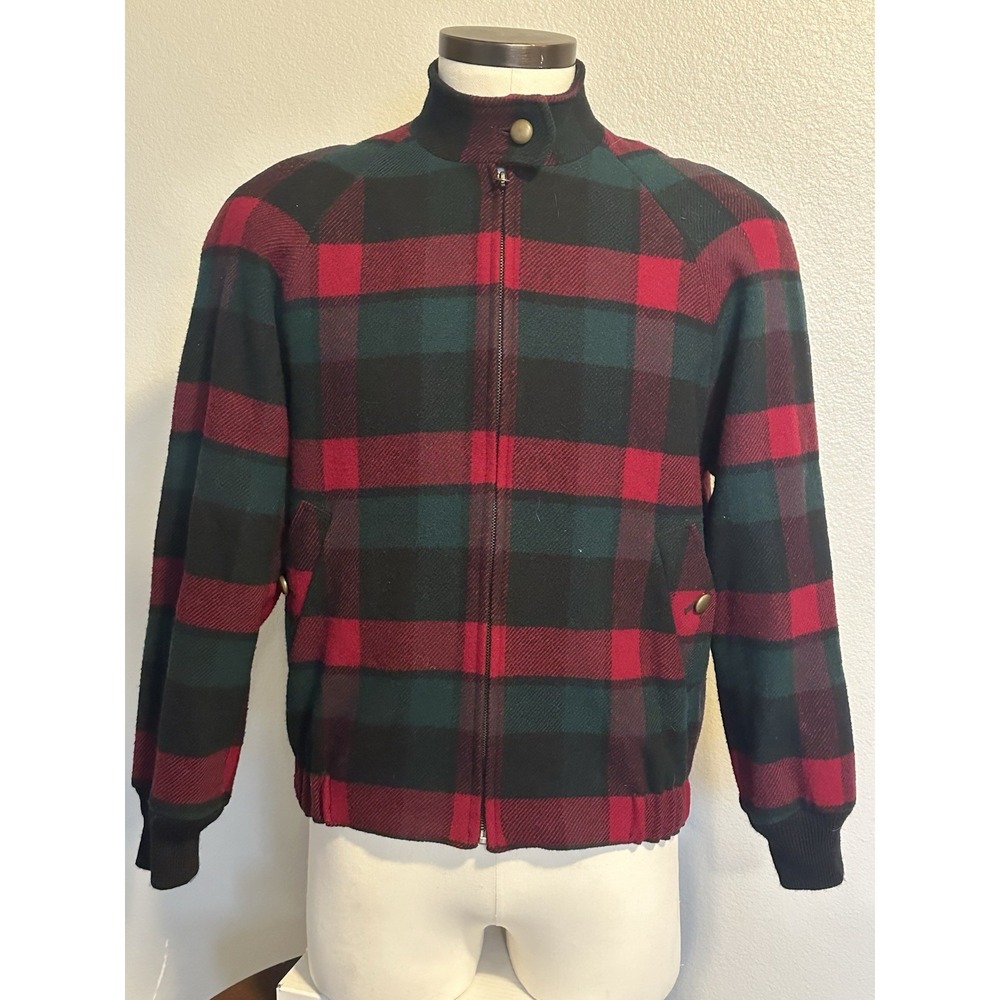 VTG 90s Pendleton Small Wool Bomber Jacket USA Plaid Tartan Red Green Black
